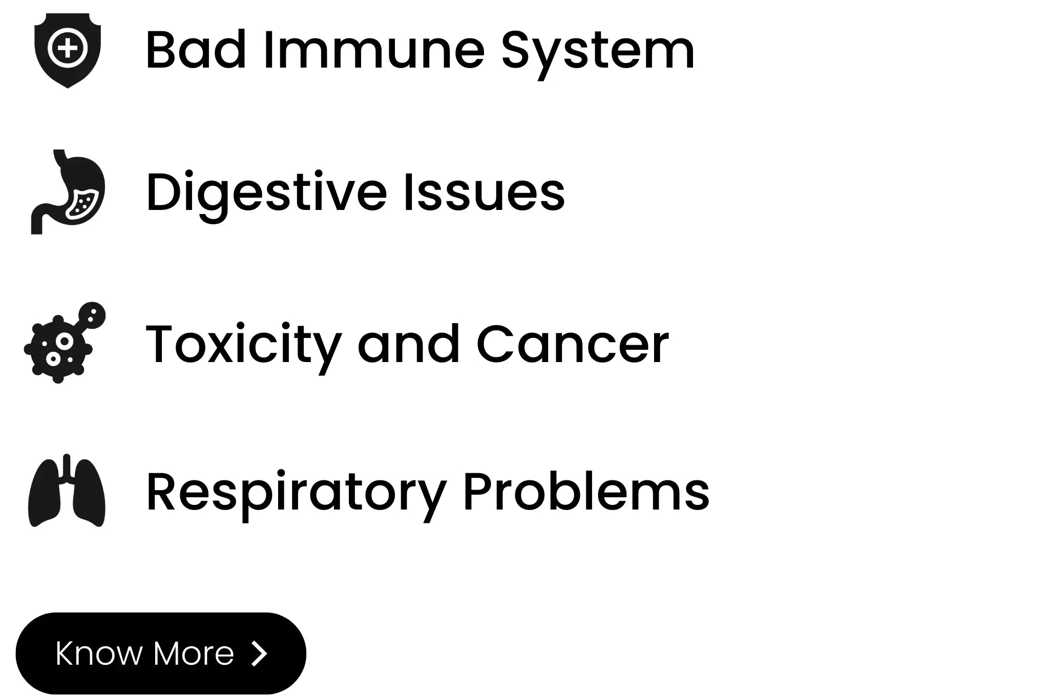 Icons showing health impact of microplastic: cancer, digestion, breathing, and immunity risks on TropicAura Impact page