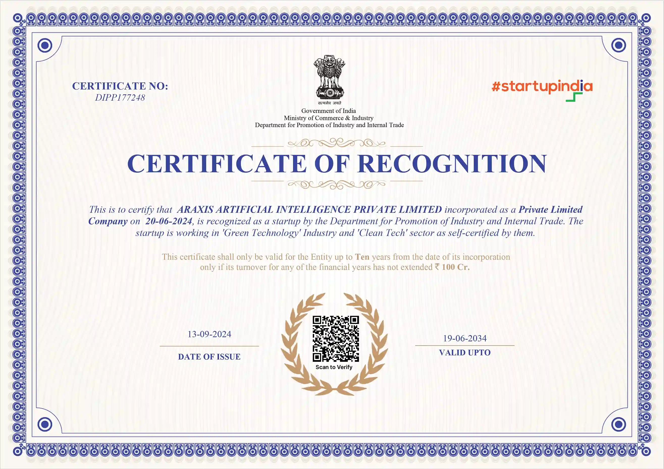 Startup India certificate recognizing TropicAura as a green technology and clean tech startup