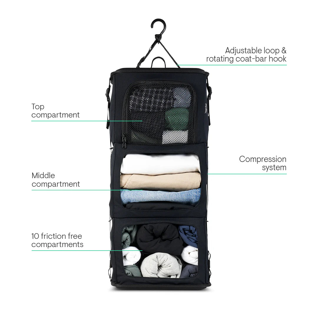 Nest Closet modular travel wardrobe in TropicAura luggage for easy organization and 20% more packing space